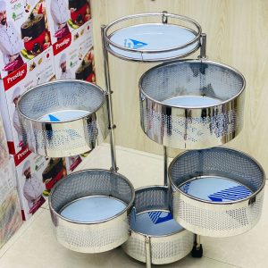 5 & 4 Tier Round Rotating Fruit and Vegetable Basket Rack- Stainless Steel